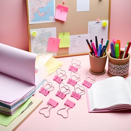 10 Pcs Pink Heart Hollow Out Metal Binder Clips - Notes, Letter, Paper Clamps, Home School Office Supplies