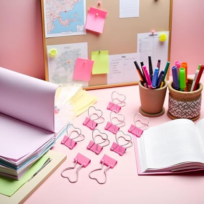 10 Pcs Pink Heart Hollow Out Metal Binder Clips - Notes, Letter, Paper Clamps, Home School Office Supplies