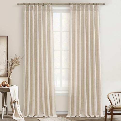 Living Room Semi Sheer Curtains 90 Inches Long 2 Panels Set, Natural Thick Linen Pinch Pleated Curtains Taupe Country Rustic Light Filtering Drape with Hooks Ceiling Track for 88inch Window W40 xL90 - color: Natural, size: 40"W x 90"L( Pack of 2)