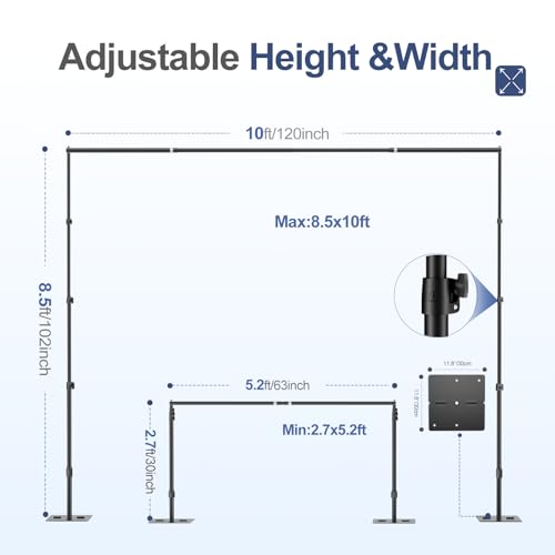 EMART Backdrop Stand,10x8.5ft(WxH) Adjustable Photo Background Stand with Upgrade Rod,Heavy Duty Flat Base,Metal Pipe and Drape Frame for Wedding,Birthday Party,Decorations,Photography Studio - size: 10x8.5ft