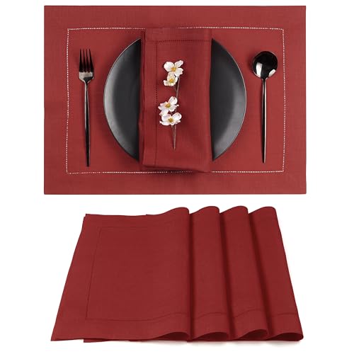 D'Moksha Homes Red Linen Placemats Set of 4 - Classic Hemstitch Placemats 14 x 19 Inch - 100% Pure Linen Table Mats for Spring - Handcrafted and Machine Washable - color: 03 - Red