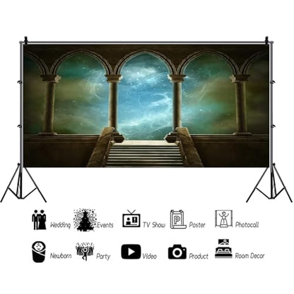 20x10ft Wedding 3D Render Backdrops Fantasy Starry Sky from Ancient Arches Background Mediaeval Gallery Temple Castle Marble Stone Column Staircase Photo Props - size: 20x10ft
