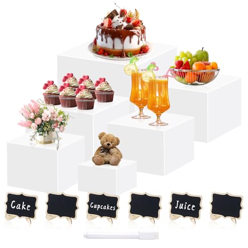 6Pcs White Acrylic Buffet Risers with Mini Sign, Food Risers for Buffet Table, Dessert Table Display Set, Display Stand Shelf for Party, Catering, Jewelry & Collectibles (3" 4" 5" 6" 7" 8" )
