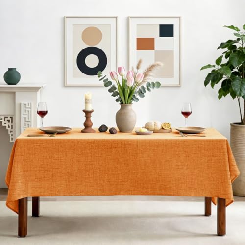 Natural Linen Rectangle Tablecloth, Slubby Textured Fall Lightweight Table Cloth 60 x 102 Inch, Water Resistant Stain Resistant Farmhouse Burlap Table Cover for Kitchen Dining Room, Orange - color: Orange, size: 102" x 60" (Rectangular) (1 Pack)