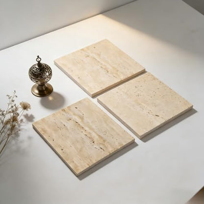 Natural Travertine Stone Display Tiles, Decorative Photography Props for Jewelry, Cosmetics, Home Decor, Beige Stone Blocks (20cm*20cm) - size: 20cm*20cm
