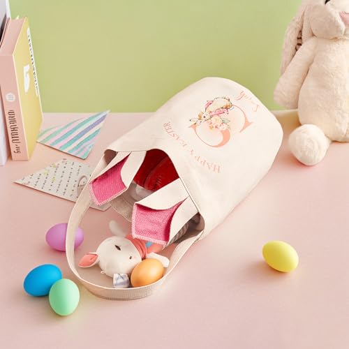 VEELU Personalized Easter Bunny Basket Custom Name Rabbit Bag for Boys & Girls Customized Storage Bucket Egg Hunting Bags for Party Tote Decorative Birthday Party Gifts