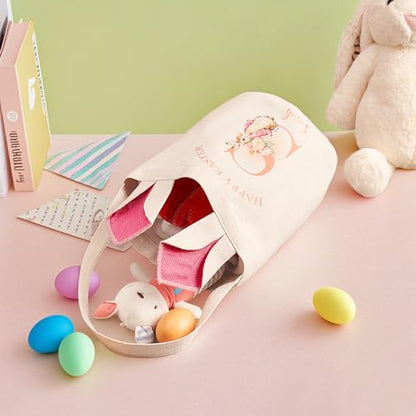 VEELU Personalized Easter Bunny Basket Custom Name Rabbit Bag for Boys & Girls Customized Storage Bucket Egg Hunting Bags for Party Tote Decorative Birthday Party Gifts