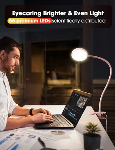 LiFMIRA Desk Lamp Clip on Light 8W 66 LED Reading Light for Bed, 5 Colors 10 Dimming Levels, Eye Caring Metal Reading Lamp, Clip lamp for Bed Headboard Home Office (Pink) - color: Pink