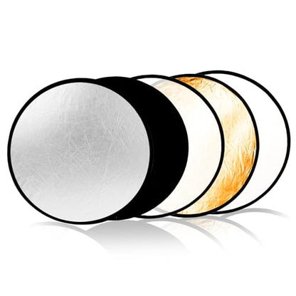 Reflector Photography 5-in-1, Portable Round Light Reflector Disc with Gold Silver White Black Diffuser, Durable & Water-Resistant for Portraits, Vlogging (24”/60cm) - size: 24 inch