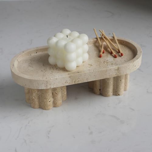 Natural Travertine Marble Oval Tray with 2 Legs, 10" Vanity Decorative Tray for Countertop Organizer, Catchall Tray for Perfume, Candles, Jewelry Dish - color: Beige Travertine