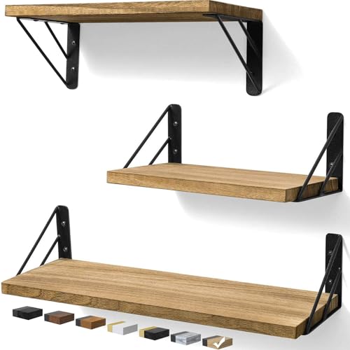 BAYKA Wall Shelves for Bedroom Decor, Floating Wall Shelves for Living Room Kitchen Storage, Wall Mounted Rustic Wood Floating Shelves for Kids Books, Corner Shelves for Bathroom(Brown，Set of 3) - color: F. Carbonized Brown Board & Black Brackets, size: 1