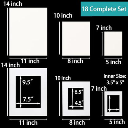 TOPZEA 18 Set White Picture Mat Kit, Include Anti Acid White Core Bevel Cutting Mats and Blank Backing Board, Pre-Cut Frame Matting Complete Set for Photo Prints Artwork, 5 x 7, 8 x 10, 11 x 14 Inch