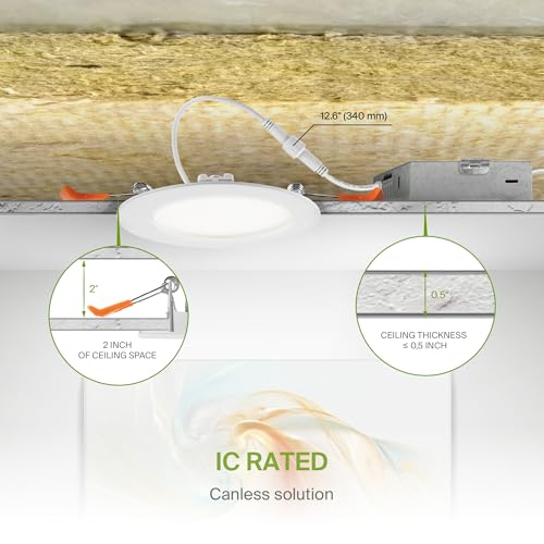 ASD 6 Pack LED Recessed Lighting 4 Inch 12W, 5 CCT 2700K-5000K CRI90+, IC Rated Ultra Thin Dimmable Ceiling Lights with J Box, Canless Wafer Downlight, Round Slim Panel Light, Energy Star ETL, White - color: White, size: 4 Inch 6 Pack