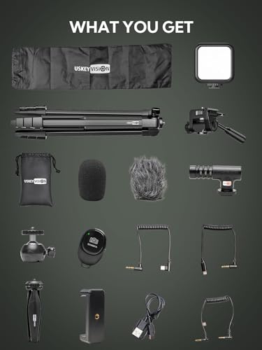 USKEYVISION Vlogging Kit for iPhone Youtuber Starter Kit Content Creator Equipment for iPhone 16/15Pro Max with 59'' Extendable Fullsize Tripod, LED Light,Shotgun Mic Video Recording(Vlog K4) - size: VLOGK4(Shotgun Mic)