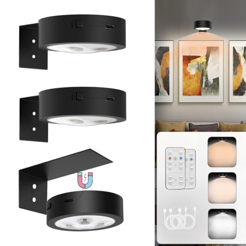 Picture Lights Rechargeable Battery Operated Wall Art Lights,Wireless Magnetic Painting Light with Remote,LED Timer&Dimmable Picture Frame lights for Artworking Picture Wall Decor(Black, 3Pack) - color: Black Rechargeable, size: 3Pack