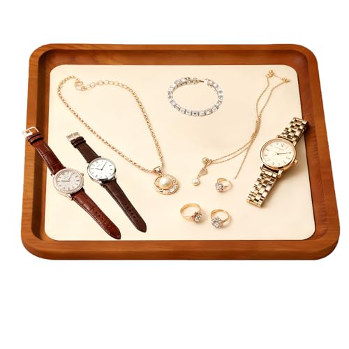 Wooden Jewelry Display Tray Rounded Rectangle Ring Showcase Stackable Elegant Bracelet Watch Jewelry Organizer for Personal Use and Commerce (Old Lace, Large-W 7'' x H 0.6'' x L 7.9'') - color: Old Lace, size: Large-W 7'' x H 0.6'' x L 7.9''