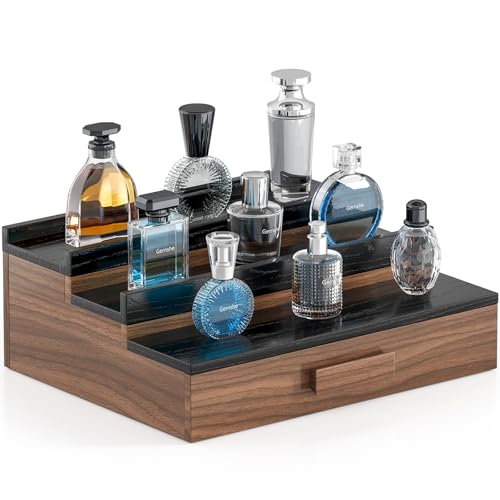 Solid Walnut Cologne Organizer for Men,Cologne Stand,3 Tier Wooden Cologne Holder Shelf Display,Perfume Stand Organizer with Drawer Storage and Hidden Compartment,Gift for Men Dad Husband - color: Black Walnut-3 Tierr
