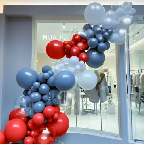 MEBAY Dusty Blue Gray Red Silver Balloon Arch Kit, 141 Pcs Dusty Blue Retro Grey Metallic Silver Red and Silver Confetti Balloons for Birthday Wedding Baby Bridal Shower - color: 141-dusty Blue