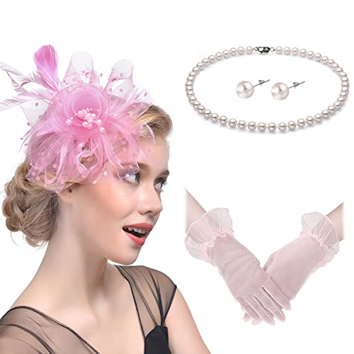 Fascinators Hats with Gloves Set for Women 20s 50s Cocktail Tea Party Wedding Costume Headwear - color: B-pink