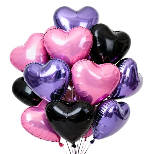 TONIFUL 30Pcs 18 Inch Black PInk Light Purple Balloons Heart Shape Foil Mylar Banners Decoration for Birthday Valentine's Day Wedding Bridal Shower Anniversary Engagement Party Supplies - color: Black Pink Light Purple