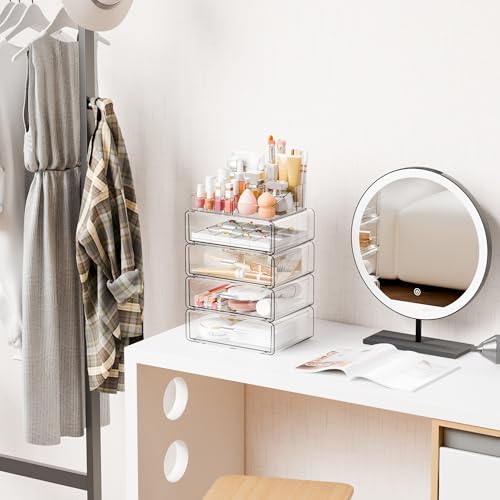 Yieach Clear Acrylic Makeup Organizers Countertop for Dresser,Desk,Bathroom Vanity,4 Tier Stackable Make up Holders and Makeup Cabinet,Tiered Cosmetic Storage and Make up Containers for Palette,Brush - size: 3 Drawers