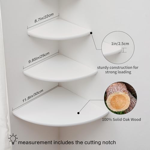 Corner Shelves, Floating Corner Shelf, Set of 3 Solid Oak Wood Corner Wall Shelves, Round End with Wire Hole Shelving for Small Plant for Bedroom Kitchen, Living Room (Size 9/10/12in) - color: White, size: 9/10/12in(3p)