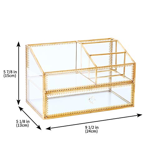 Golden Glass Box Vanity Tray Glass Case Makeup Display Organizer on Dresser, Multifunctional Cosmetic Storage for Palette Lipstick Makeup Brushes Skincare Perfumes Bathroom Accessories