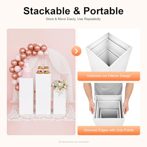 3PCs Metal Pedestal Stand, White Square Pedestal Display Plinth Pillars, Wedding Pedestals Stand Flower Display Rack Decorations, Table Pillars for Birthday Baby Shower Decor Displays ﻿