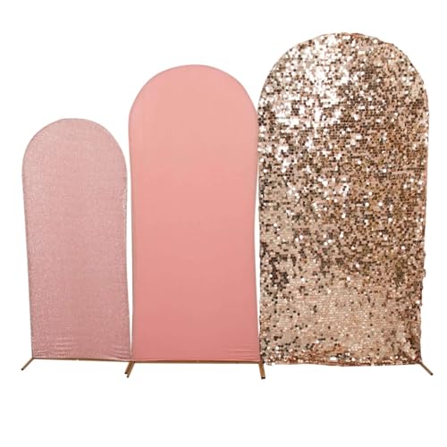 Efavormart Set of 3 Blush Rose Gold Chiara Arch Backdrop Covers (7ft/6ft/5ft), Round Top Snug Fit, Double-Sided Big Sequin, Tinsel & Spandex Mixed Texture for Wedding, Baby Shower, Events - color: Blue/Rose Gold