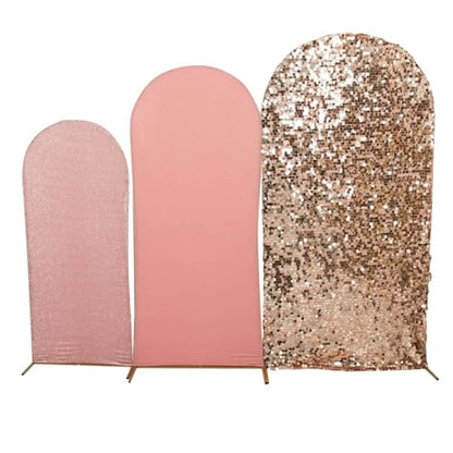Efavormart Set of 3 Blush Rose Gold Chiara Arch Backdrop Covers (7ft/6ft/5ft), Round Top Snug Fit, Double-Sided Big Sequin, Tinsel & Spandex Mixed Texture for Wedding, Baby Shower, Events - color: Blue/Rose Gold