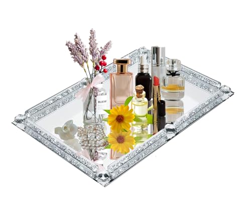 Crystal Glass Tray, 11.8" x 7.9" Crushed Diamond Silver Mirror Perfume Makeup Display Tray, Noble Jewelry Trinket Vanity Trays, Ornate Rectangular Cosmetics Dresser Decoration for Home Decor - color: Silver