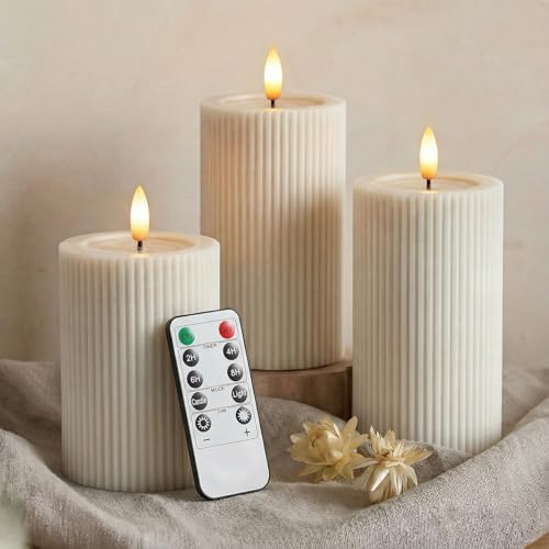 Fluted Ribbed LED Pillar Candles, Cream Beige, with Realistic Reflective Melted-Wax Effect – Flickering Flame, Remote, Dimmable, Flameless, Battery Operated, Home & Wedding Decor (Set of 3) - color: Cream Beige