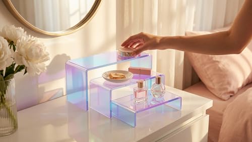 Stackable Acrylic Display Risers, 4 Sets 12 Pieces Clear Riser Stands, 3-Tier Iridesc Stair Stands for Cupcakes, Jewelry, Makeup - Waterproof & Easy Clean, Space-Saving Nesting Design (3 Sizes) - color: Iridescent