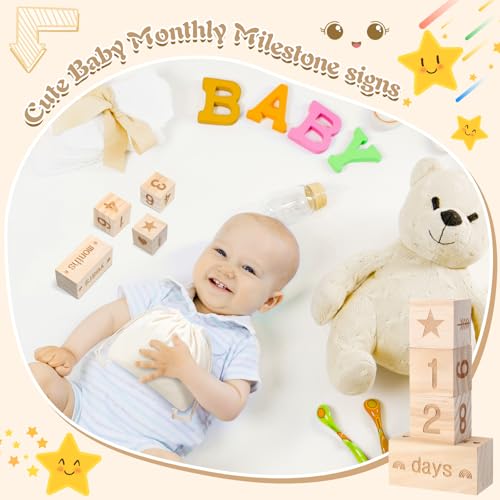 Wonderjune Boho Baby Monthly Milestone Blocks Set of 4 Wooden Baby Age Milestone Signs with Drawstring Bag Months Weeks Years Days Blocks for Newborn Photo Props Keepsake