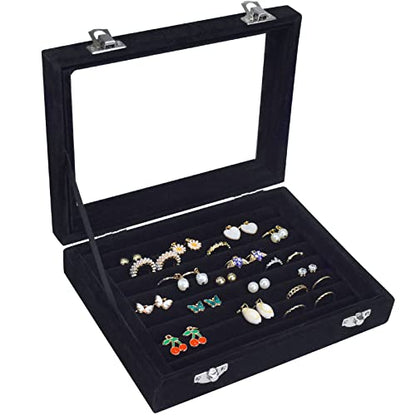 Vicoter Rings Organizer Tray 7 Slots Velvet Jewelry Earring Storage Box with Transparent lid Jewelry Display Case for Girls Wife Mom Women (Black) - color: Black