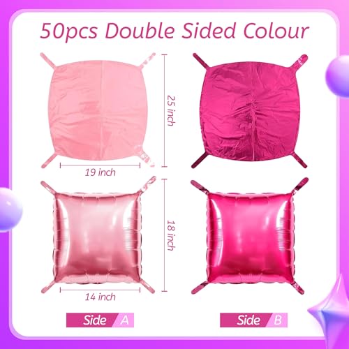 50 PCS Hot Pink Square Foil Balloons, Reusable Double Sided Mylar Balloons for DIY Balloon Arch & Wall Backdrop, Ideal for Wedding Birthday Bachelorette Graduation Baby Shower Party Decorations - color: Magenta & Hot Pink