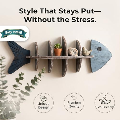Wooden Fishbone Wall Decor, Floating Shelf, Nautical Coastal Wall Mounted Organizer, Driftwood Fish Display Shelf for Bedroom, Bathroom, Living Room, Lake House, Housewarming, Birthday Gift for Lovers