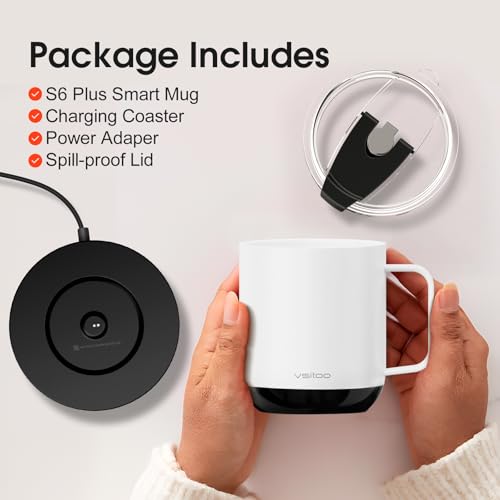 Vsitoo S6 Plus Smart Coffee Mug, 12oz,Temperature Controlled Mug & Electric Coffee Mug with Music Sync Lights，Auto-Sensing AI Heats Drinks to 120-150°F Hands-Free. Ideal for Home/Office/Gifts - White - color: White