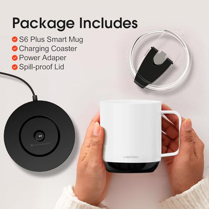 Vsitoo S6 Plus Smart Coffee Mug, 12oz,Temperature Controlled Mug & Electric Coffee Mug with Music Sync Lights，Auto-Sensing AI Heats Drinks to 120-150°F Hands-Free. Ideal for Home/Office/Gifts - White - color: White