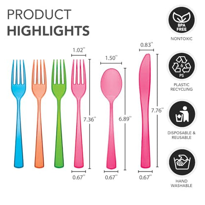 Party Essentials Heavy-Duty Hard Plastic Cutlery Combo Pack, 288 Pieces/96 Place Settings, Assorted Neon Brights - size: 288 Pieces/96 Place Settings
