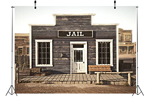 BELECO Fabric 12x8ft Western Jail Backdrop Rustic Western Town Wooden Prison Backdrop Wild West Cowboys Photo Background Police Jail Party Decorations Halloween Jail Prison Decor Studio Props - size: 12x8FT