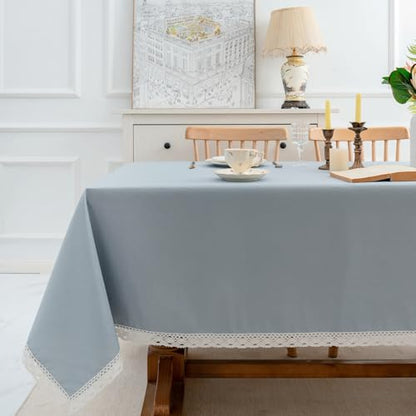 EHouseHome Faux Linen Tablecloth with Lace Trim - Waterproof/Spill Proof/Stain Resistant/Wrinkle Free/Oil Proof - for Banquet, Parties, Dinner,Wedding,Holiday,Blue Fog,Rectangle 60x102Inch - color: Blue Fog, size: 102" x 60" (Rectangular)