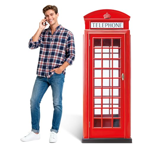 6 Ft Red British Phone Booth Cardboard Cutout English Telephone Booth Stand up Cutout Life Size Classic Red Telephone Box Prop for British Theme Birthday Party Graduation Office Event Decor - color: Phone Booth