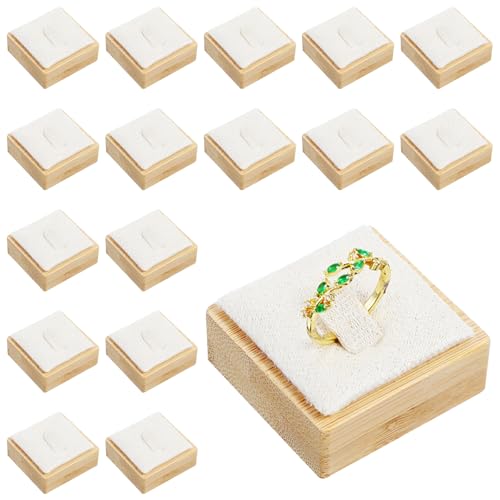 16 Pcs Single Ring Display Stand, Velvet Ring Holder Display for Jewelry Showcase, Wood Base with Beige Velvet for Retail Stores and Trade Shows (Beige)
