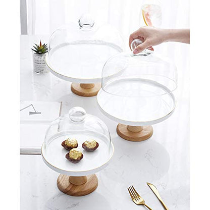 Food Covers,Splatter Covers,Wedding Cake Display Stands, Round Glass Dome Cover Cheese Dome Ceramic Trays with Wooden Base Bread Decoration Stands and Photo Props - size: 24cm