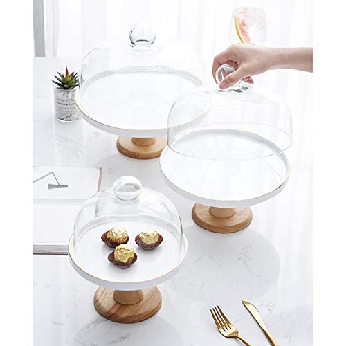 Food Covers,Splatter Covers,Wedding Cake Display Stands, Round Glass Dome Cover Cheese Dome Ceramic Trays with Wooden Base Bread Decoration Stands and Photo Props - size: 27.5cm