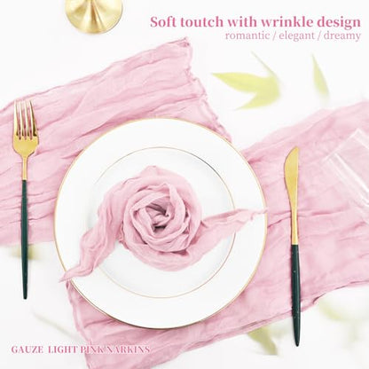 42 Pcs Light Pink Gauze Cheesecloth Napkins, 20 x 20 Inch Wrinkled Rustic Boho Dinner Napkins for Wedding,Dinner,Family Everyday Use/Parties - color: Light Pink, size: 20" x 20" (Set of 42)