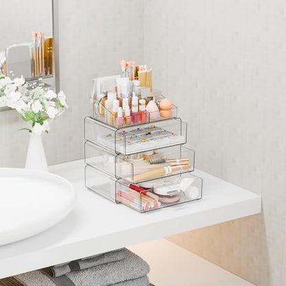 Yieach Clear Acrylic Makeup Organizers Countertop for Dresser,Desk,Bathroom Vanity,4 Tier Stackable Make up Holders and Makeup Cabinet,Tiered Cosmetic Storage and Make up Containers for Palette,Brush - size: 3 Drawers