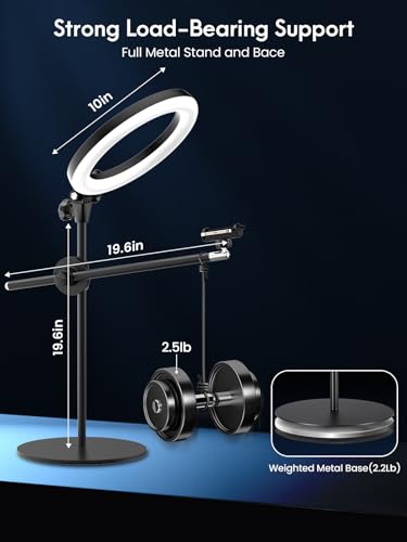 Selfie Ring Light with Stand and Phone Holder,Overhead Phone Mount with 10.5" Ring Lights,Desk Circle Lingt with Tripod Adjustable Shooting Arm for Video Recording,YouTube,TikTok,Live Streaming