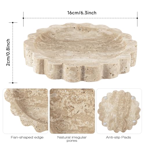 Natural Travertine Scalloped Edge Tray, 6.3"*6.3"Marble Ring Dish Jewelry Trinket Tray for Counter Dresser Nightstand, Home Decoration, Jewelry Storage,Women's Present (NS023)
